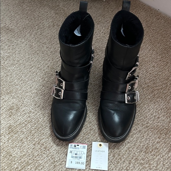 Zara Black Leather Ankle Boots with Buckles - Picture 3 of 9